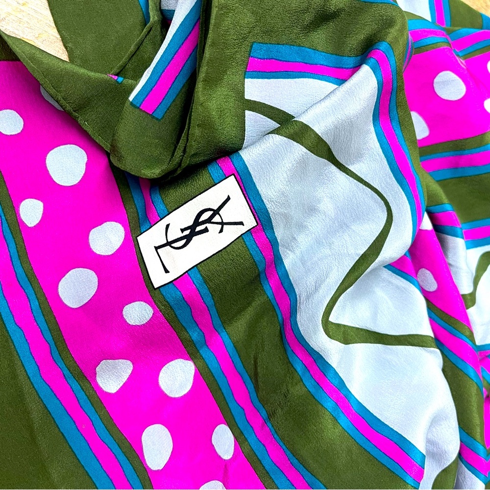 Yves Saint Laurent Olive Green, Magenta & Teal Silk Scarf